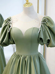 Short Green Short Sleeves Satin Prom Dresses, Short Green Formal Homecoming Dresses