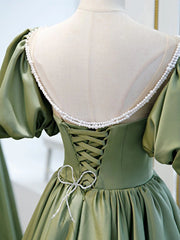 Short Green Short Sleeves Satin Prom Dresses, Short Green Formal Homecoming Dresses