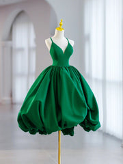 Short Green V Neck Satin Prom Dresses, Short Green V Neck Satin Formal Homecoming Dresses