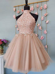 Short Halter Neck Pink Lace Prom Dresses, Halter Neck Short Pink Lace Formal Homecoming Dresses
