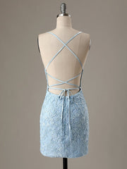 Short Light Blue Backless Lace Prom Dresses, Open Back Light Blue Lace Graduation Homecoming Dresses
