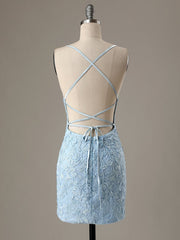 Short Light Blue Backless Lace Prom Dresses, Open Back Light Blue Lace Graduation Homecoming Dresses