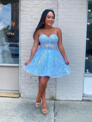 Short Light Blue Lace Prom Dresses, Light Blue Short Lace Formal Graduation Dresses