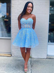 Short Light Blue Lace Prom Dresses, Light Blue Short Lace Formal Graduation Dresses