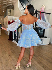 Short Light Blue Lace Prom Dresses, Light Blue Short Lace Formal Graduation Dresses