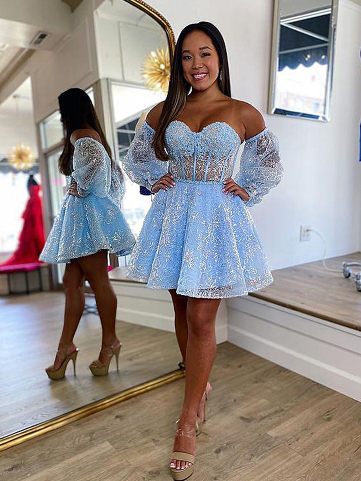 Short Light Blue Lace Prom Dresses, Light Blue Short Lace Formal Graduation Dresses