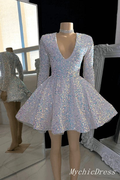 Short Long Sleeves Sequin Prom Dresses V Neck Glitter Mini Hoco Dress
