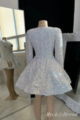 Short Long Sleeves Sequin Prom Dresses V Neck Glitter Mini Hoco Dress
