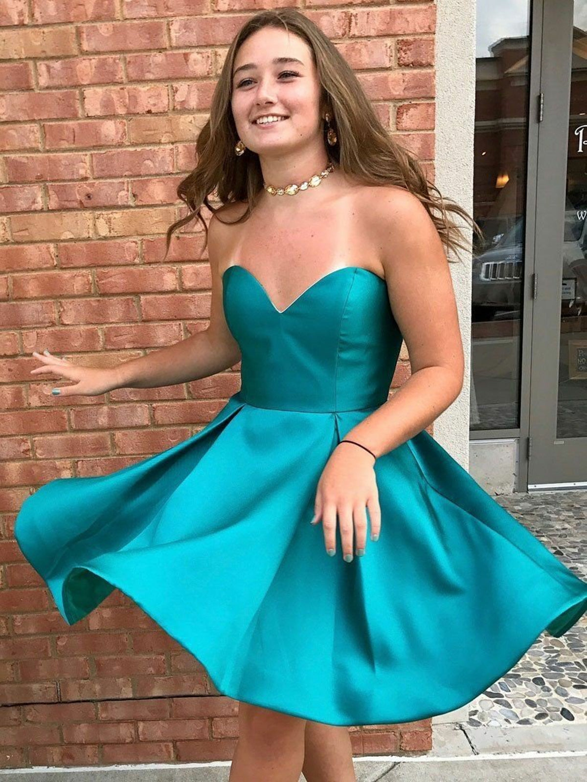 Short Peacock Blue Satin Prom Dresses, Peacock Blue Short Formal Graduation Dresses