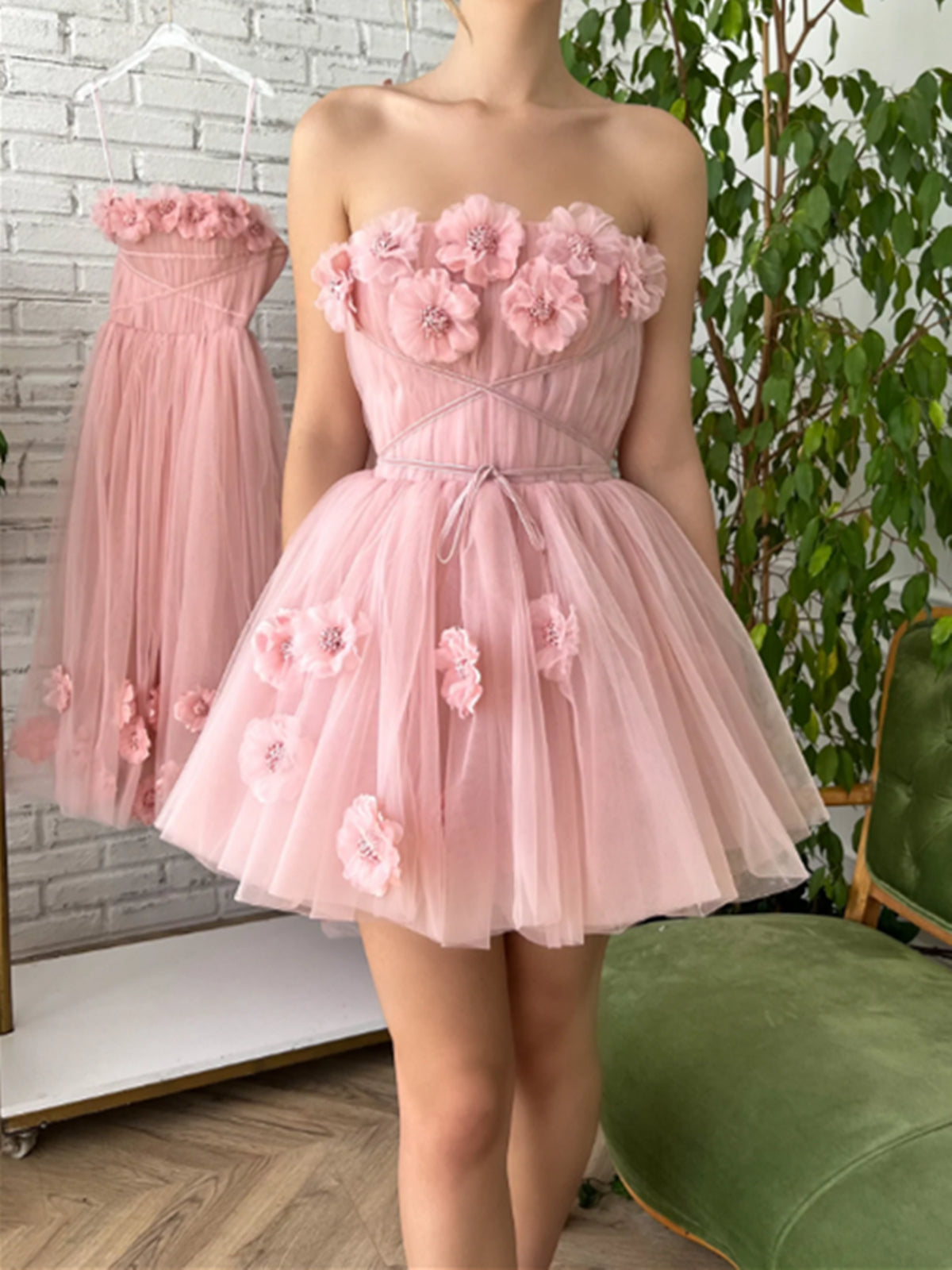 Short Pink Floral Prom Dresses, Short Pink Floral Graduation Homecoming Dresses