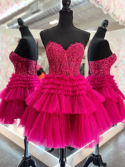 Short Pink Red Layered Lace Prom Dresses, Short Pink Red Layered Formal Homecoming Dresses