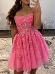 UK Short Pink Prom Dress 2024 Strapless Lace Homecoming Dress