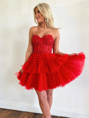 Short Pink Red Layered Lace Prom Dresses, Short Pink Red Layered Formal Homecoming Dresses