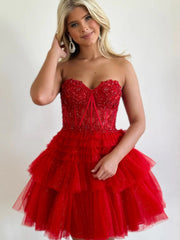 Short Pink Red Layered Lace Prom Dresses, Short Pink Red Layered Formal Homecoming Dresses