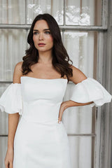 Short Satin White Wedding Dress Strapless Off the Shoulder Beautiful