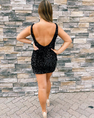 Short Sequin Prom Dresses Black Mermaid Tight Cocktail Dresses V Neck