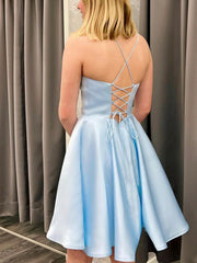 Short Backless Sky Blue Satin Prom Dresses, Light Blue Open Back Satin Formal Graduation Dresses