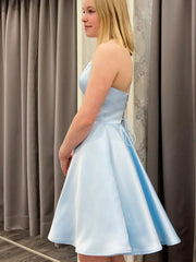 Short Backless Sky Blue Satin Prom Dresses, Light Blue Open Back Satin Formal Graduation Dresses