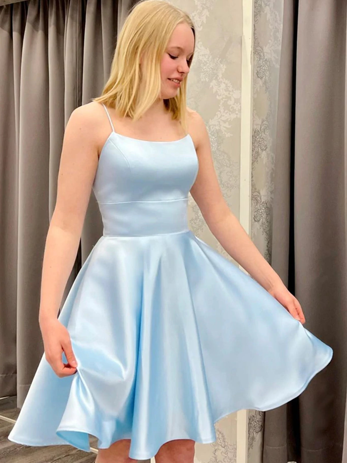 Short Backless Sky Blue Satin Prom Dresses, Light Blue Open Back Satin Formal Graduation Dresses