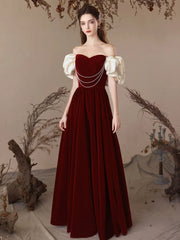 Short Sleeves Off the Shoulder Burgundy Long Prom Dresses, Wine Red Long Formal Evening Dresses
