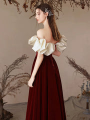 Short Sleeves Off the Shoulder Burgundy Long Prom Dresses, Wine Red Long Formal Evening Dresses