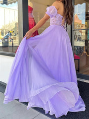 Short Sleeves Purple Lace Prom Dresses, Purple Long Lace Formal Evening Dresses
