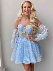 Short Sleeves Short Blue Black Champagne Red Lace Prom Dresses, Short Sleeves Short Lace Formal Homecoming Dresses