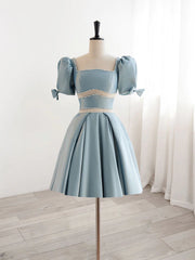 Short Sleeves Short Blue Prom Dresses, Short Blue Formal Homecoming Dresses