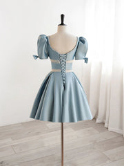 Short Sleeves Short Blue Prom Dresses, Short Blue Formal Homecoming Dresses