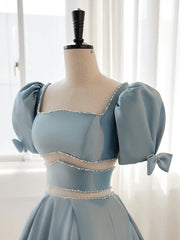Short Sleeves Short Blue Prom Dresses, Short Blue Formal Homecoming Dresses