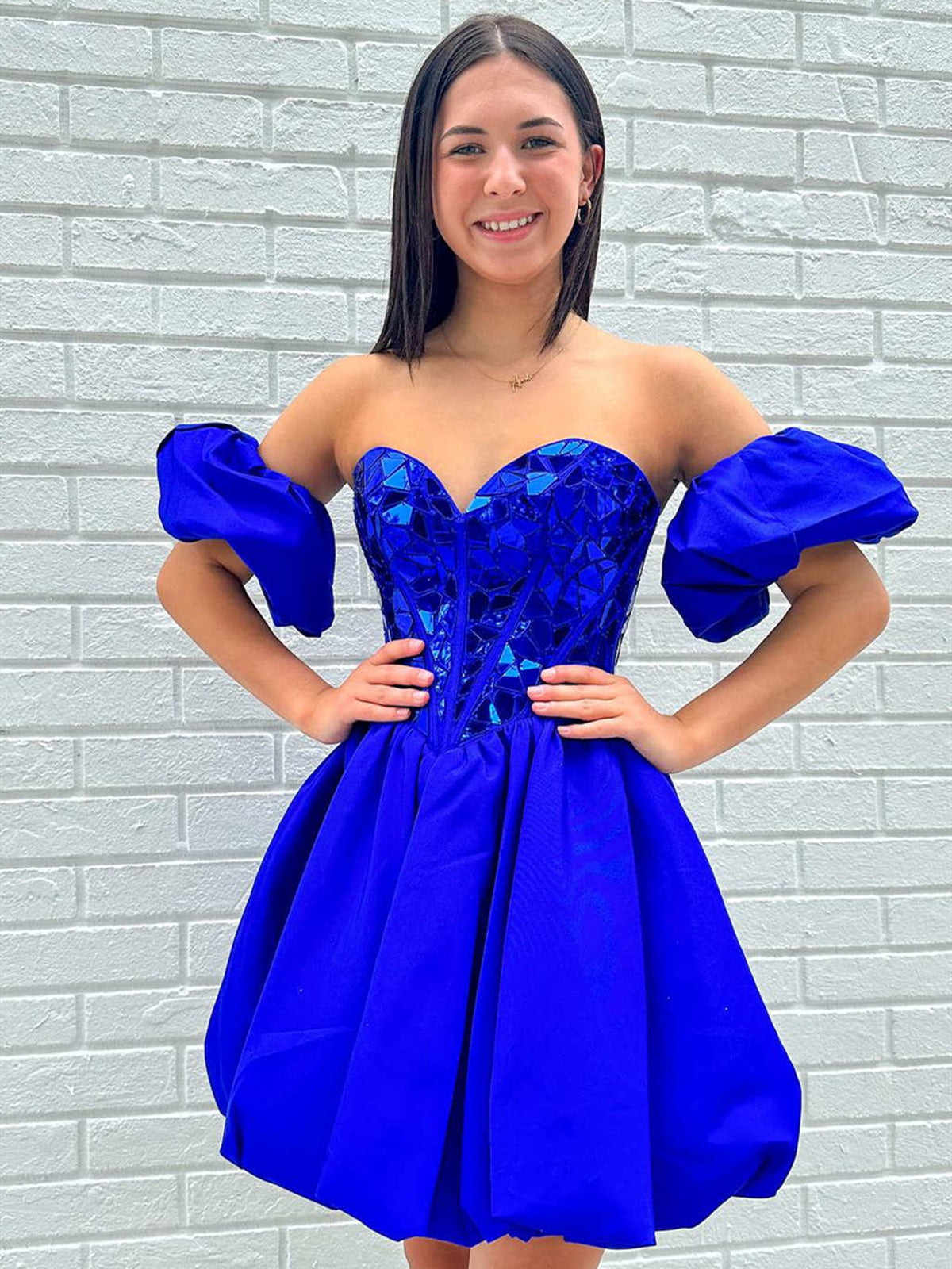 Short Sleeves Short Royal Blue Prom Dresses, Short Royal Blue Beaded Formal Homecoming Dresses