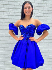 Short Sleeves Short Royal Blue Prom Dresses, Short Royal Blue Beaded Formal Homecoming Dresses