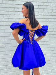 Short Sleeves Short Royal Blue Prom Dresses, Short Royal Blue Beaded Formal Homecoming Dresses