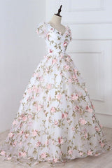 Short Sleeves V Neck Pink 3D Flower White Long Prom Dress, V Neck White Formal Evening Dress with Pink Appliques