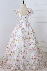 Short Sleeves V Neck Pink 3D Flower White Long Prom Dress, V Neck White Formal Evening Dress with Pink Appliques