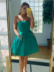 Short Strapless Green Prom Dresses with Pockets, Strapless Short Green Formal Homecoming Dresses,AST1285