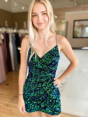 Short V Neck Backless Sequins Prom Dresses, V Neck Short Open Back Sequins Formal Homecoming Dresses