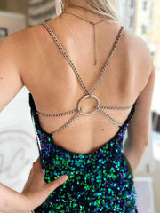Short V Neck Backless Sequins Prom Dresses, V Neck Short Open Back Sequins Formal Homecoming Dresses