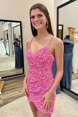 Short V Neck Backless Sequins Prom Dresses, V Neck Short Open Back Sequins Formal Homecoming Dresses
