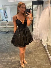 Short V Neck Black Lace Prom Dresses, Black V Neck Short Lace Graduation Homecoming Dresses