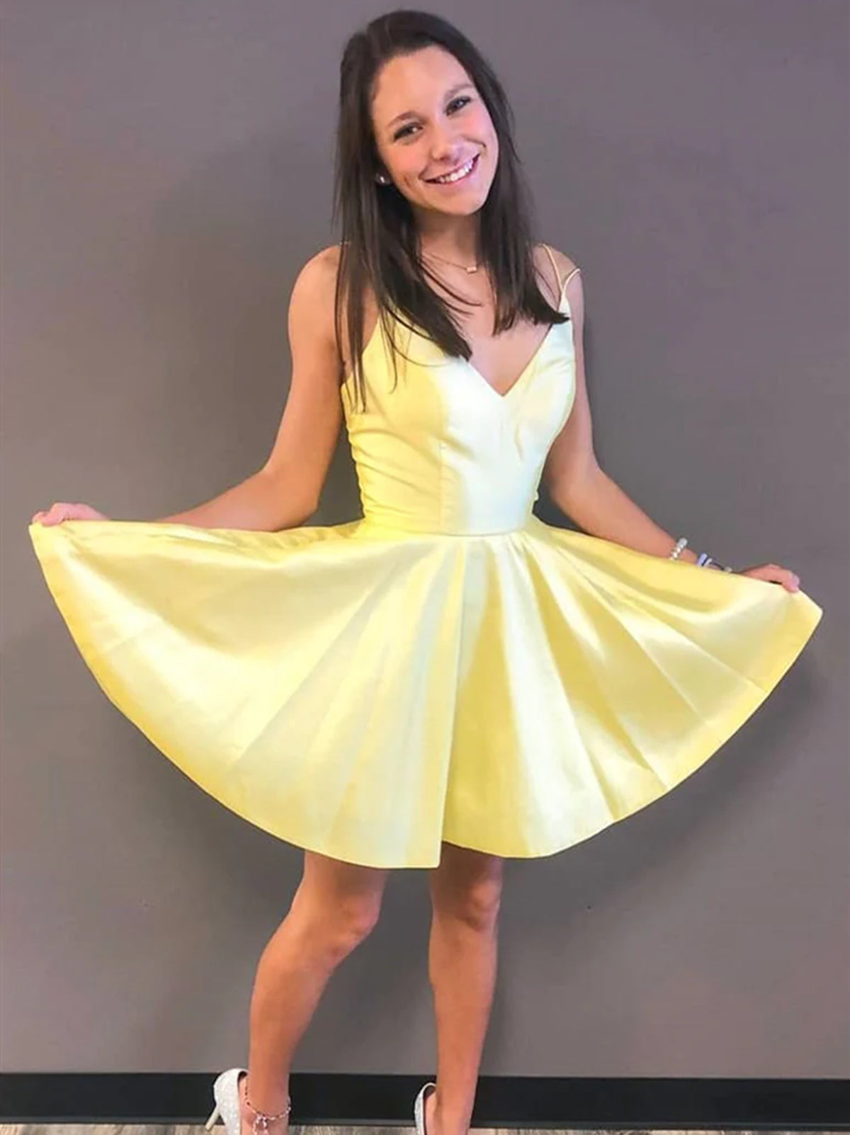 Short V Neck Blue Yellow Green Prom Dresses, Short V Neck Formal Homecoming Dresses