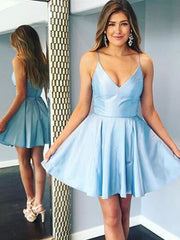 Short V Neck Blue Yellow Green Prom Dresses, Short V Neck Formal Homecoming Dresses