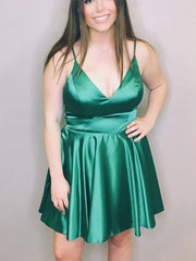 Short V Neck Blue Yellow Green Prom Dresses, Short V Neck Formal Homecoming Dresses