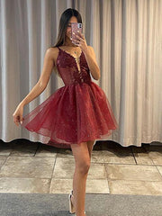 Short V Neck Burgundy Lace Prom Dresses, Wine Red Short Lace Graduation Homecoming Dresses