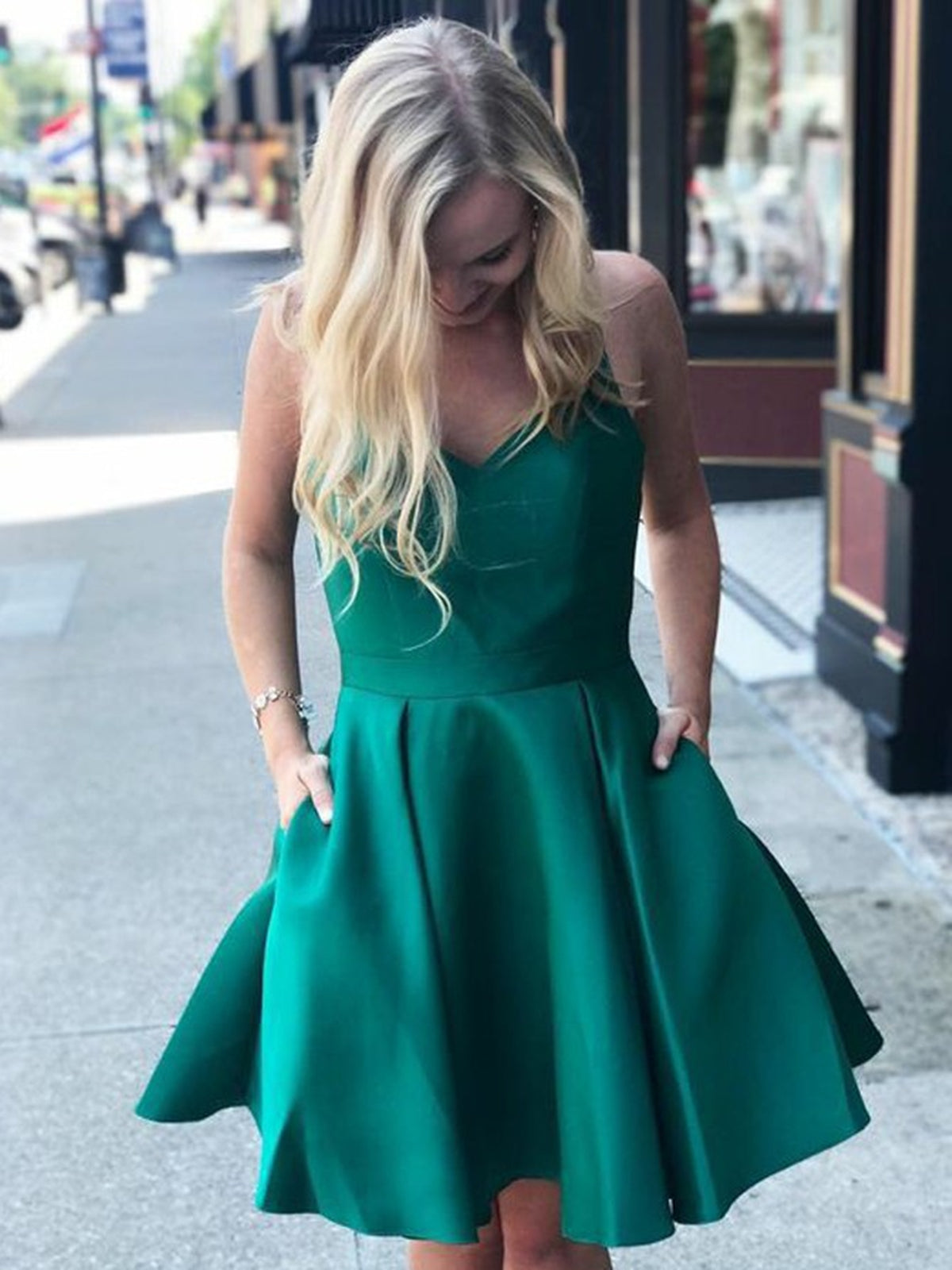 Short V Neck Green Satin Prom Dresses, Short Green Satin Graduation Homecoming Dresses