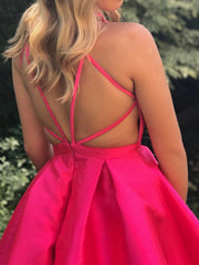 Short V Neck Hot Pink Prom Dresses, Short Hot Pink V Neck Graduation Homecoming Dresses