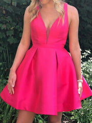 Short V Neck Hot Pink Prom Dresses, Short Hot Pink V Neck Graduation Homecoming Dresses