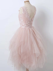 Short V Neck Pink Lace Prom Dresses, Short Pink Lace Formal Homecoming Dresses