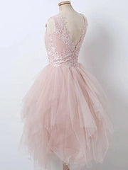Short V Neck Pink Lace Prom Dresses, Short Pink Lace Formal Homecoming Dresses