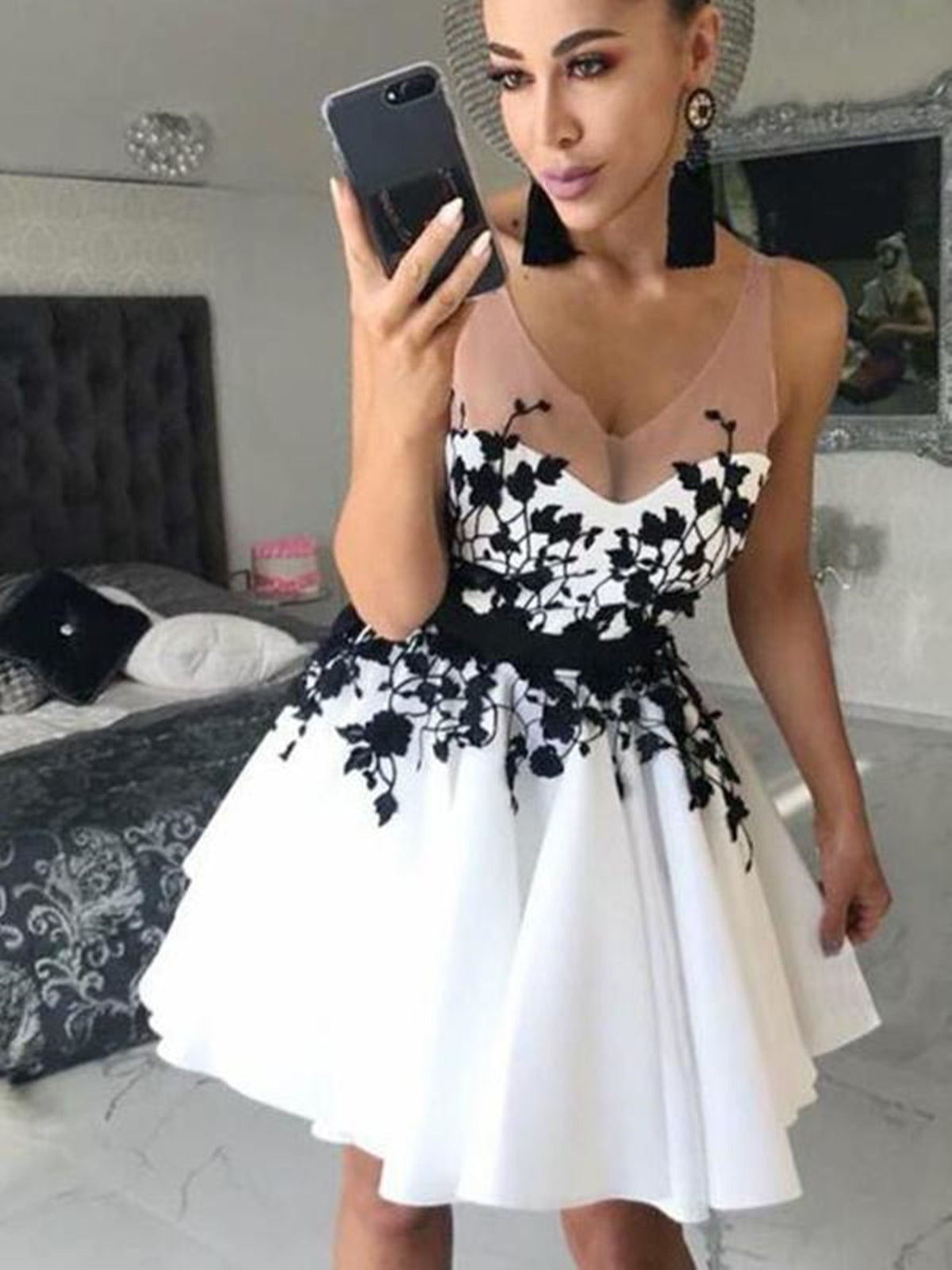 Short V Neck White Prom Dresses with Black Lace, Short Lace Homecoming Graduation Dresses